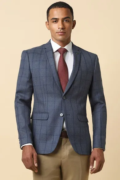 Men Blue Slim Fit Check Formal Blazer